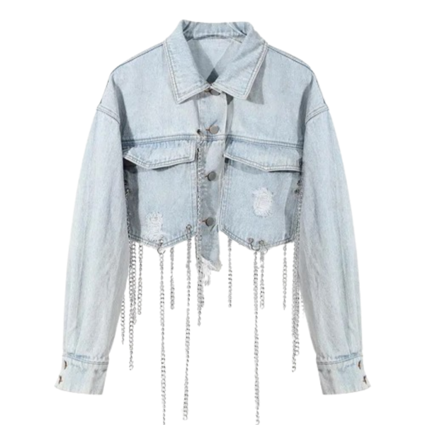 Ladyloom™ - Stylische Denim-Jacke mit Kettenfransen und hohlem Rücken