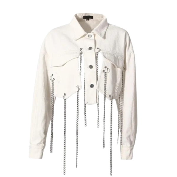 Ladyloom™ - Stylische Denim-Jacke mit Kettenfransen und hohlem Rücken