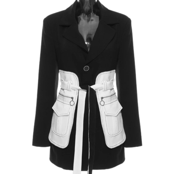 Ladyloom™ - Schwarzer Blazer mit weißem Gürtel und Taschen