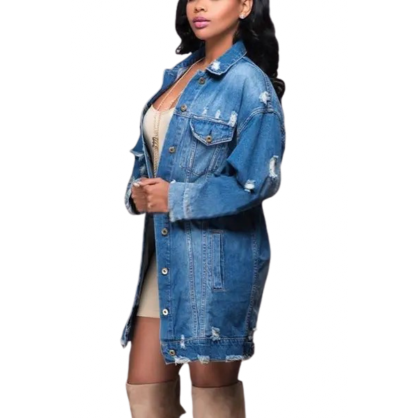 Ladyloom TM Denim Longline Jacke mit Destroyed Details