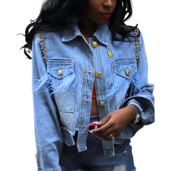 Ladyloom™ - Cropped Distressed Denimjacke mit Federn und Nieten