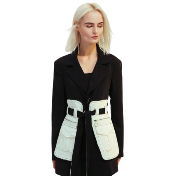 Ladyloom™ - Schwarzer Blazer mit weißem Gürtel und Taschen