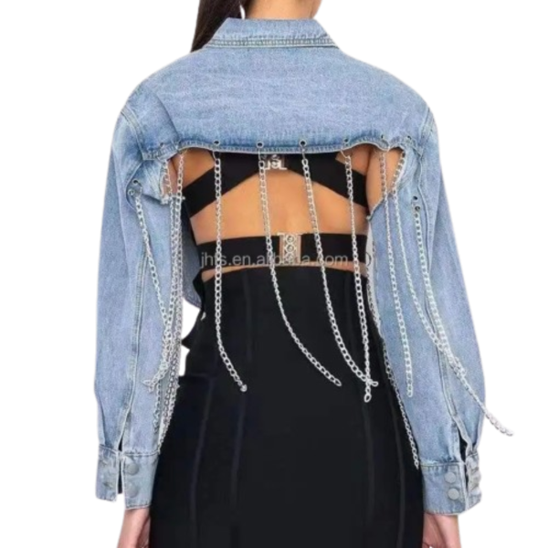 Ladyloom™ - Stylische Denim-Jacke mit Kettenfransen und hohlem Rücken