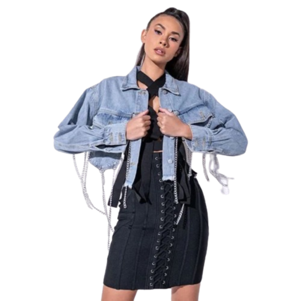 Ladyloom™ - Stylische Denim-Jacke mit Kettenfransen und hohlem Rücken