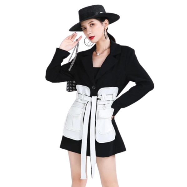 Ladyloom™ - Schwarzer Blazer mit weißem Gürtel und Taschen