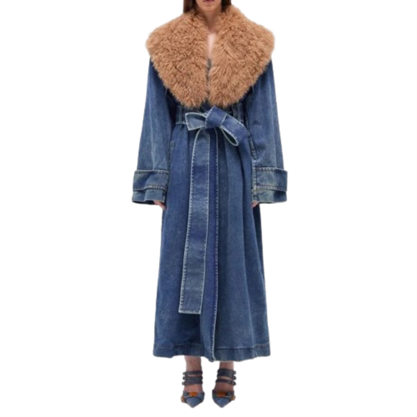 Ladyloom™ - Langer Denim-Mantel mit Kunstpelzkragen