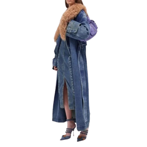 Ladyloom™ - Langer Denim-Mantel mit Kunstpelzkragen