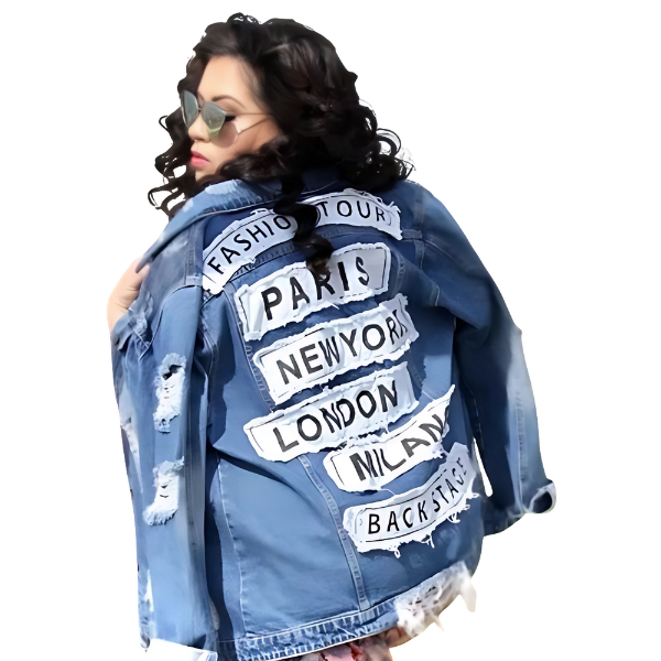 Ladyloom™ Distressed Denim Jacket with City Patches