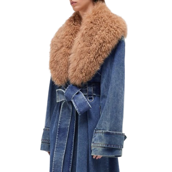 Ladyloom™ - Langer Denim-Mantel mit Kunstpelzkragen