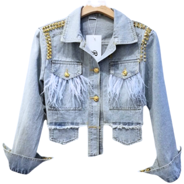 Ladyloom™ - Cropped Distressed Denimjacke mit Federn und Nieten