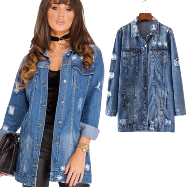 Ladyloom TM Denim Longline Jacke mit Destroyed Details
