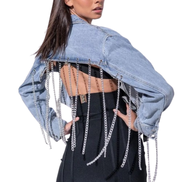 Ladyloom™ - Stylische Denim-Jacke mit Kettenfransen und hohlem Rücken