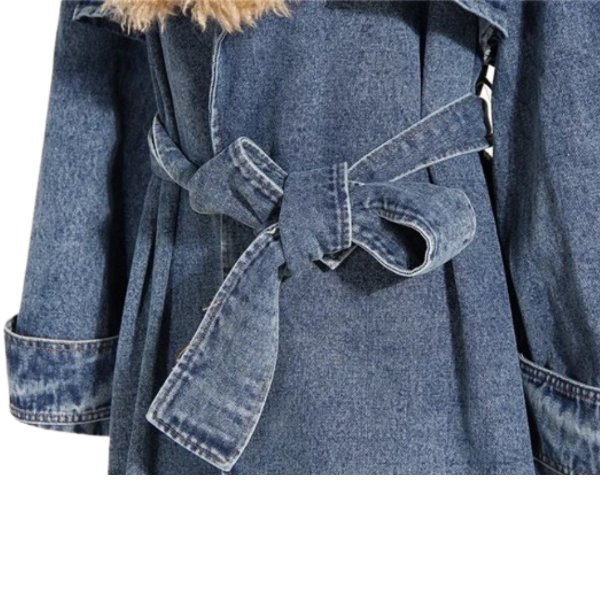 Ladyloom™ - Langer Denim-Mantel mit Kunstpelzkragen